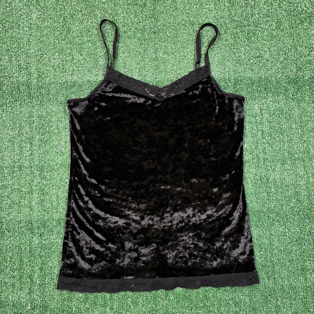 Y2K Crushed Velvet Camisole Top Black Lace Trim Tank‎